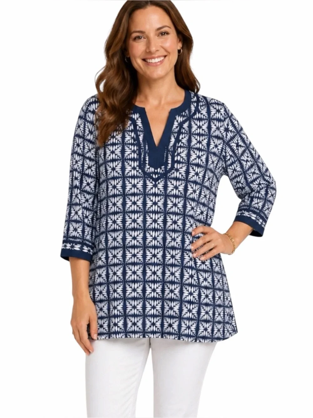 J.Crew Navy White Nautical Print Cotton Tunic Blouse 3/4 Sleeve Top Small Women